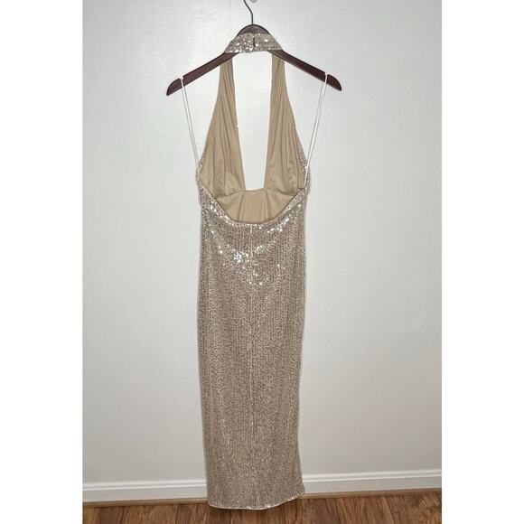 Hello Molly Womens Sequin Spotlight On Me Midi Dress M Silver Beige Prom Formal - Picture 12 of 14